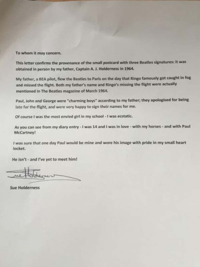 Beatles letter of authentication